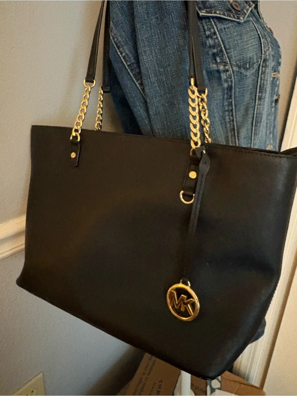 Michael Kors Black Saffiano Leather Tote with Gold Chain Detail